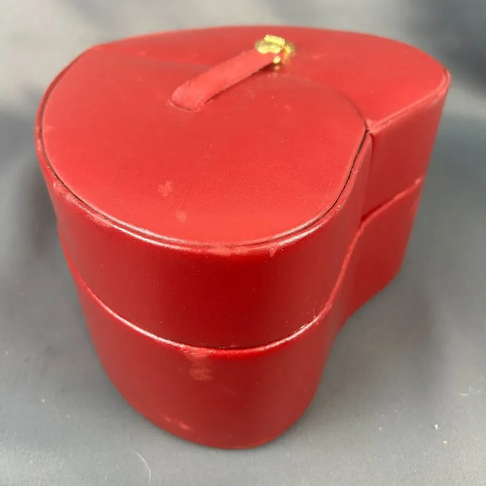 Vintage Wolf Designs Red Leather Heart Shape Jewelry Box Swing Out Design